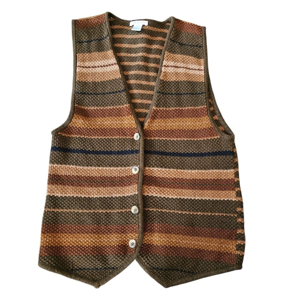 VTG Womens Sweater Vest Striped Sz M Green Brown Button Up Knit Forest Preppy - Picture 2 of 9